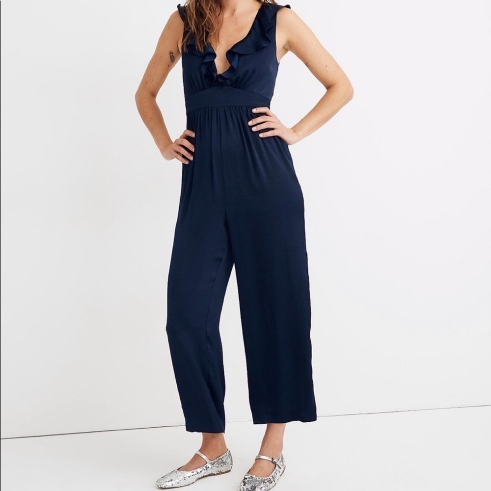 Madewell NWT Satin Ruffle Neck Jumpsuit Size 14 in Navy